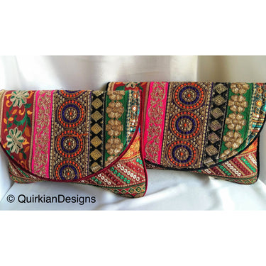 Maroon Red Velvet Fabric Clutch Purse With Red, Green, Yellow, Orange, Black, Pink And Gold Floral Embroidery, Wedding Clutch, Party Bag